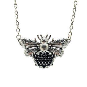 Vintage Silver Tone Bee Necklace With Black Rhinestones